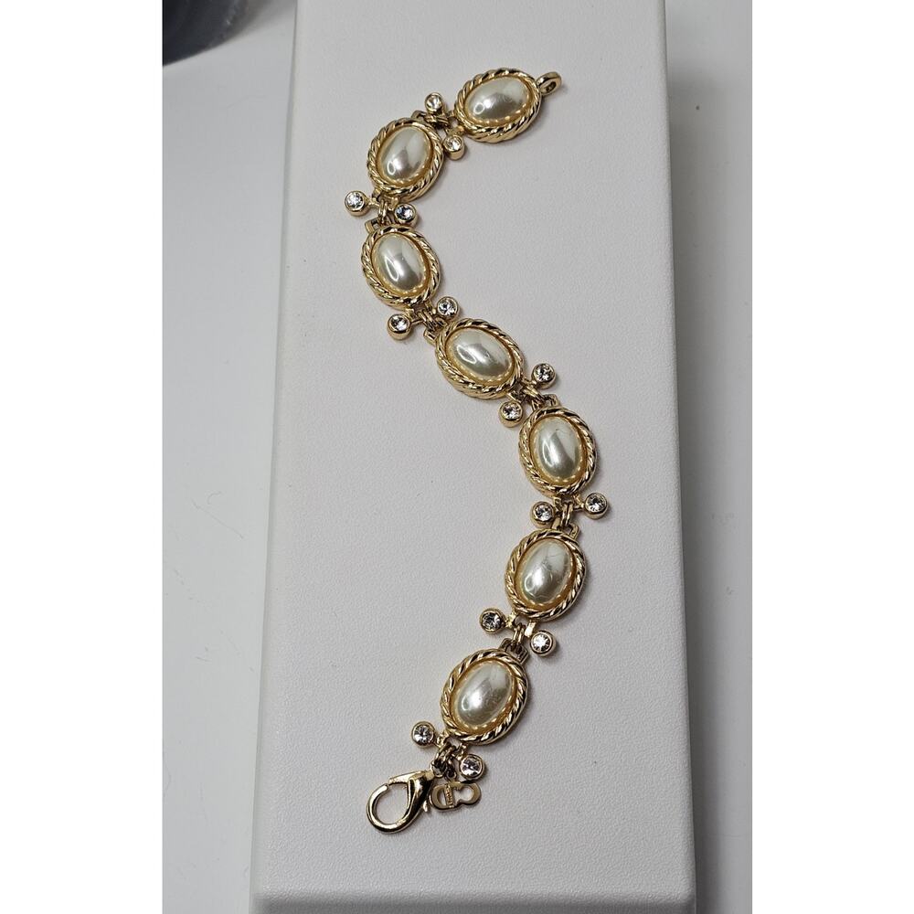 Vintage Christian Dior Gold Plated - White Cabochon & Clear Stones Bracelet 8"